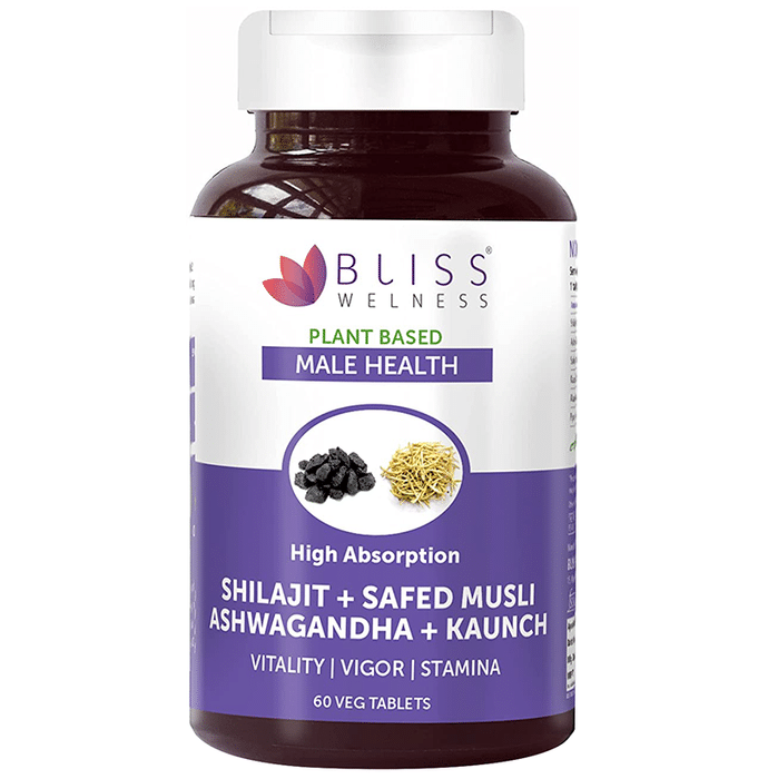 Bliss Welness Male Health Shilajit + Safed Musli + Ashwagandha + Kaunch Veg Tablet