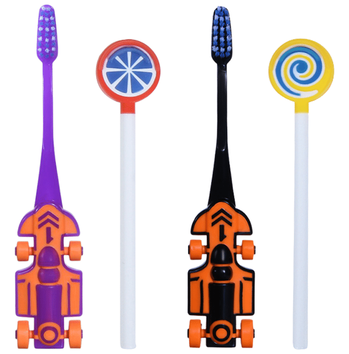 Maxi Oral Care Junior Pack of 2 Zoom Car Junior Toothbrush and 2 Lollipop Tongue Cleaner