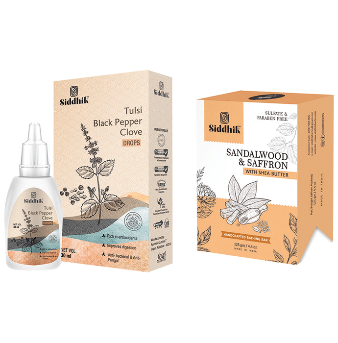 Siddhik Combo Pack of Tulsi Black Pepper Clove Drop 30ml & Sandalwood and Saffron With Shea Butter Soap 125gm