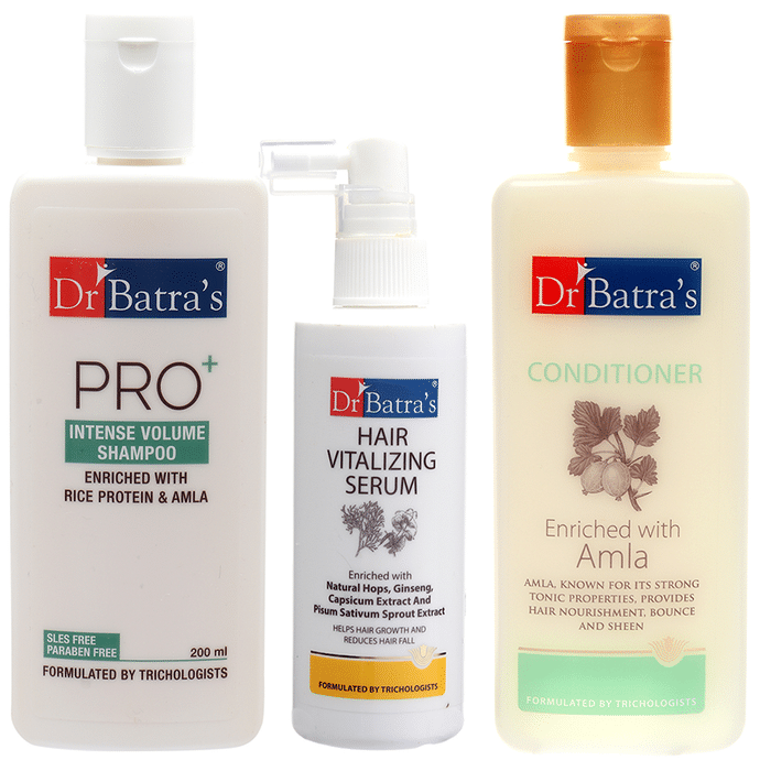 Dr Batra's Combo Pack of Pro+ Intense Volume Shampoo 200ml, Hair Vitalizing Serum 125ml and Conditioner 200ml