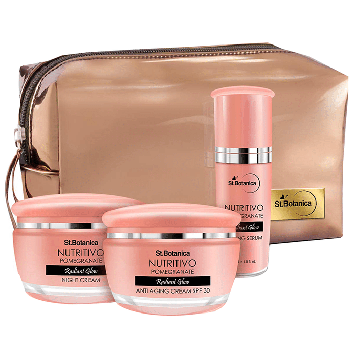 St.Botanica Blooming Pomegranate Combo (Nutritivo Pomegranate Radiant Glow Firming Serum 30ml, SPF 30 Anti Aging Cream & Night Cream 50gm Each) with Pouch
