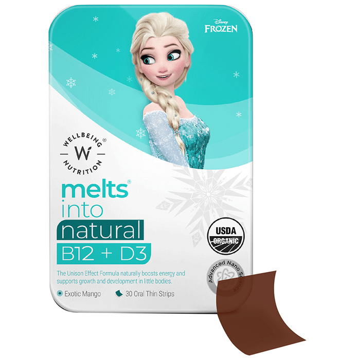 Wellbeing Nutrition Disney Frozen Melts into Natural B12 + D3 Oral Thin Strip Age 6+ Exotic Mango
