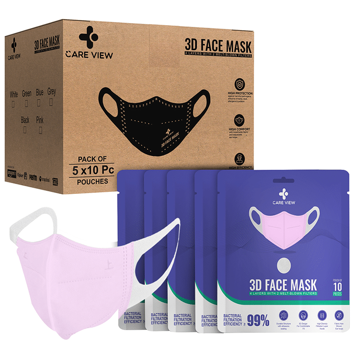 Care View 3 Dimensional Disposable Face Mask with 4 Layered Filtration and Soft Non-Woven Spandex Ear Loops Pink Pouch