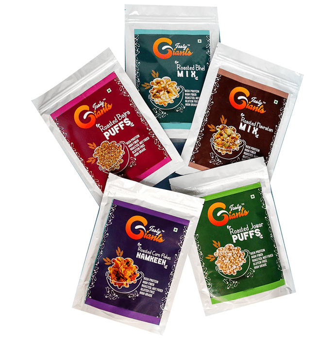 Tasty Giants Combo Pack of Roasted Bajra Puffs 100gm, Roasted Bhel Mix 150gm, Roasted Corn Flakes Namkeen 50gm, Roasted Jowar Puffs 50gm & Roasted Navratan Mix 200gm