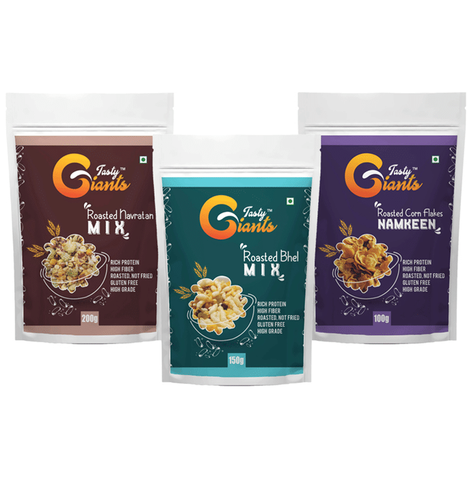Tasty Giants Combo Pack of Roasted Bhel Mix 150gm, Roasted Corn Flakes Namkeen 100gm & Roasted Navratan Mix 200gm