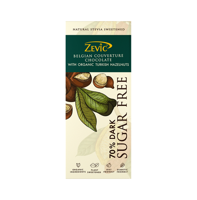 Zevic 70% Dark Sugar Free Belgian Couverture Chocolate with Organic Turkish Hazelnuts