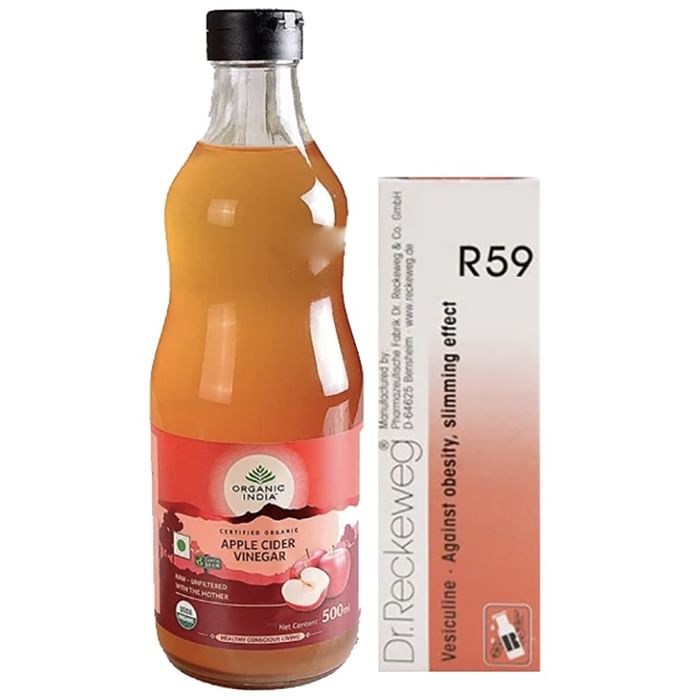 Weight Management Combo of Organic India Raw, Unfiltered Apple Cider Vinegar with Mother of Vinegar 500ml and Dr. Reckeweg R59 Obesity and Slimming Drop 22ml