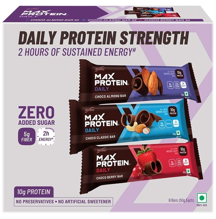 RiteBite 2 Choco Classic, 2 Choco Almond & 2 Choco Berry Max Protein Daily Bar (50gm Each)