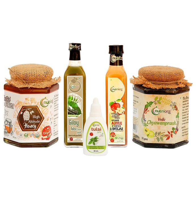 Nutriorg Immunity Booster Kit ( Vedic Chyawanprash 500gm, Giloy Tulsi Neem Juice 500ml, Organic Apple Cider Vinegar 250ml, Tulsi Ark 30ml & Organic High Altitude Honey 500gm)