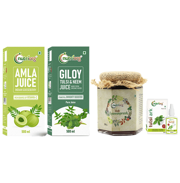 Nutriorg Immunity Booster Kit (Amla Juice & Giloy Tulsi Neem Juice 500ml Each, Vedic Chyawanprash 250gm and Tulsi Ark 30ml)