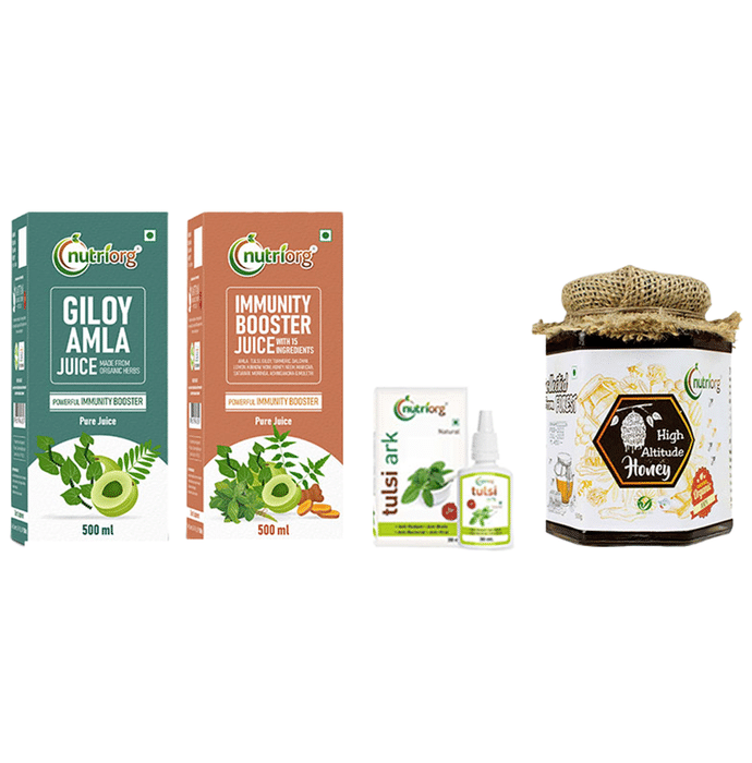 Nutriorg Immunity Booster Kit ( Immunity Booster Juice & Giloy Amla Juice 500ml Each, Tulsi Ark 30ml and Certified Organic High Altitude Honey 500gm)