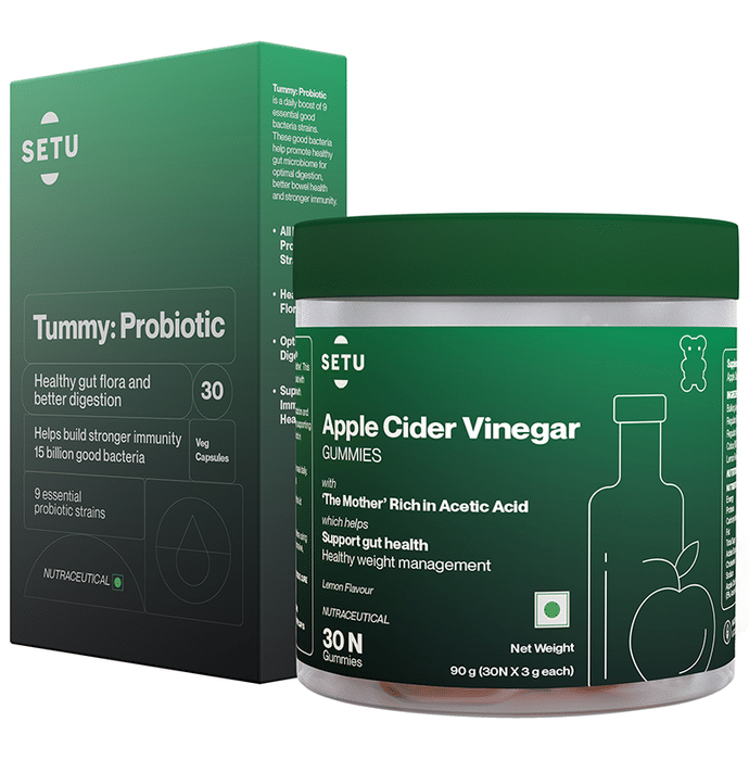 Setu Combo Pack of Tummy: Probiotic Veg Capsule and Apple Cider Vinegar Gummies Lemon Flavour (30 Each)