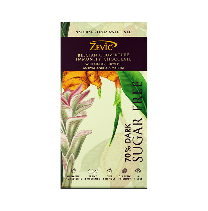 Zevic 70% Dark Sugar Free Belgian Couverture Immunity Chocolate with Ginger, Turmeric, Ashwagandha and Matcha