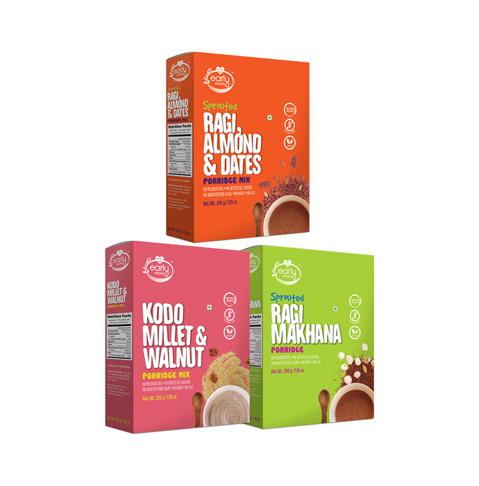 Early Foods Combo Pack of Ragi, Almonds & Dates Porridge Mix, Kodo Millet & Walnut Porridge Mix and Ragi Makhana Porridge (200gm Each)