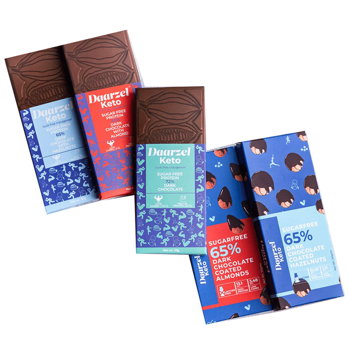 Daarzel Keto Combo Pack of Sugar Free 65% Dark Chocolate (4) and 72% Dark Chocolate (1) 50gm Each Assorted