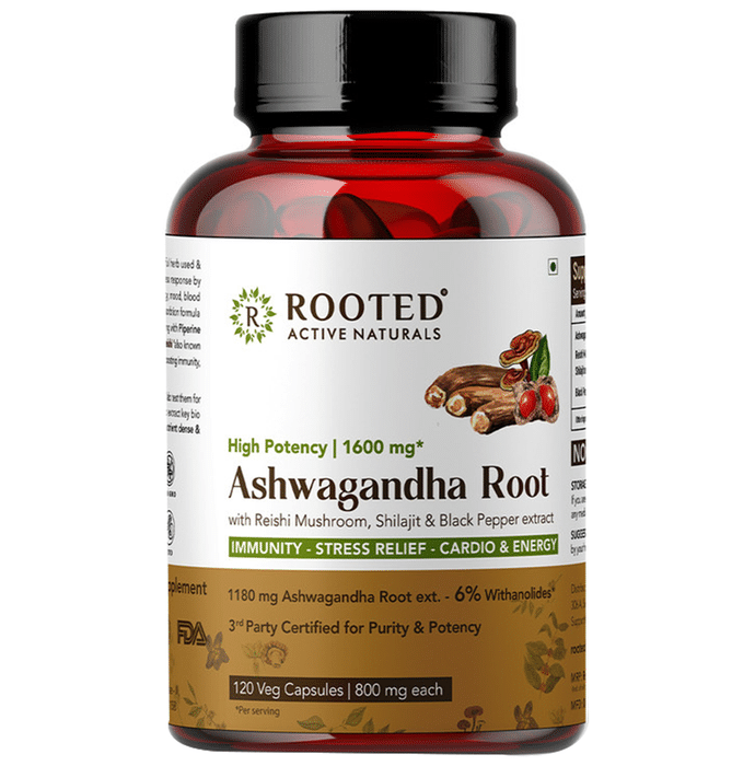 Rooted Active Naturals High Potency Ashwagandha Root with Reishi Mushroom, Shilajit & Black Pepper Extract 1600mg Veg Capsule