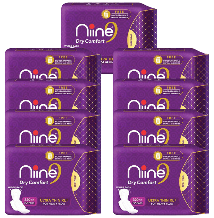 Niine Dry Comfort Ultra Thin Sanitary Pads for Heavy Flow with Biodegradable Disposable Bags Inside (6 Each) XL+