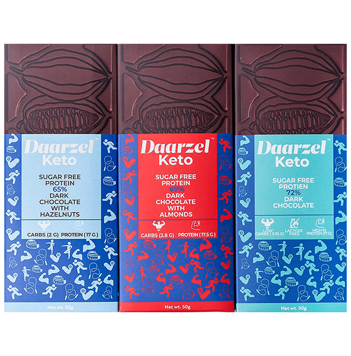 Daarzel Keto Combo Pack of 65% Dark Chocolate with Hazelnuts, 65% Dark Chocolate with Almonds and 72% Dark Chocolate Sugar Free