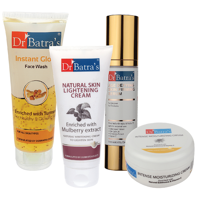 Dr Batra's Combo Pack of Instant Glow Face Wash 100gm, Natural Skin Lightening Cream 100gm, Age Defying Skin Firming Serum 50gm and Intense Moisturizing Cream 100gm