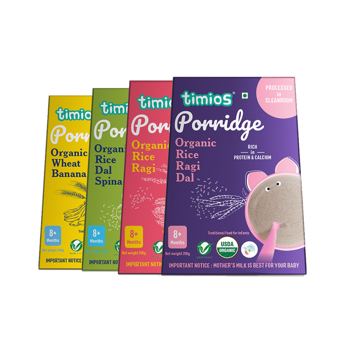 Timios Combo Pack of Porridge for 8+ Months (200gm Each) Organic Wheat Banana, Organic Rice Dal Spinach, Organic Rice Ragi & Organic Rice Ragi Dal
