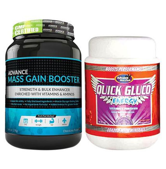 Advance Nutratech Combo Pack of Mass Gain Booster 2kg Chocolate and Quick Gluco Energy 1kg Orange