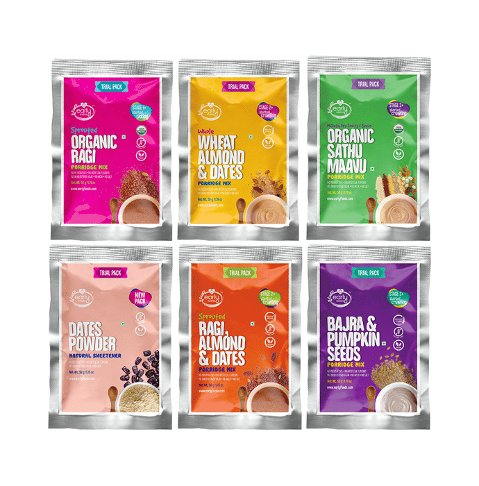 Early Foods Combo Pack of Organic Ragi Porridge Mix Trial Pack, Wheat Almond & Dates Porridge Mix Trial Pack, Organic Sathu Maavu Porridge Mix Trial Pack, Dates Powder Trial Pack, Ragi, Almonds & Dates Porridge Mix Trial Pack, and Bajra & Pumpkin Seeds Porridge MIx Trial Pack (50gm Each)