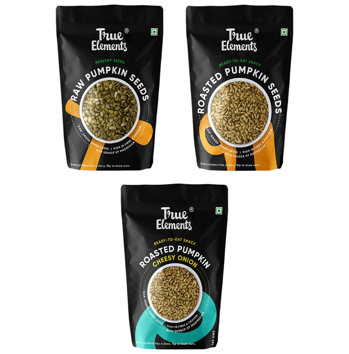 True Elements Combo Pack of Roasted Pumpkin Seeds 125gm, Roasted Pumpkin Seeds Cheesy Onion 125gm and Raw Pumpkin Seeds 150gm