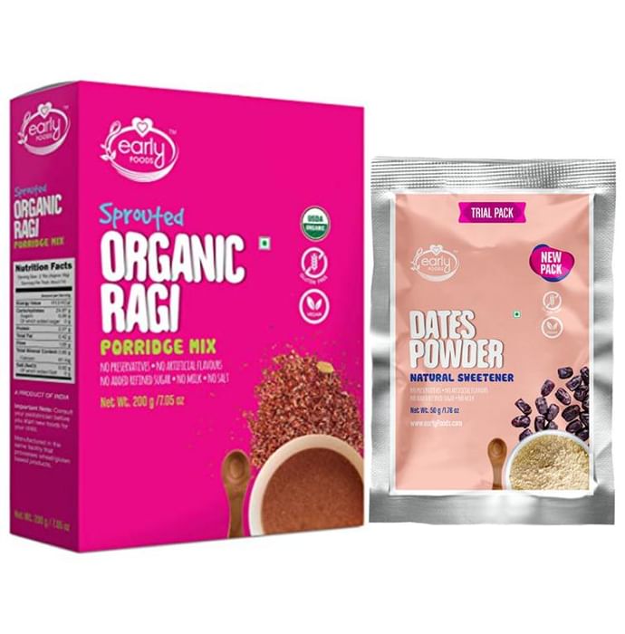 Early Foods Combo Pack of Sprouted Organic Ragi Porridge 200gm & Dates Powder Trial Pack 50gm