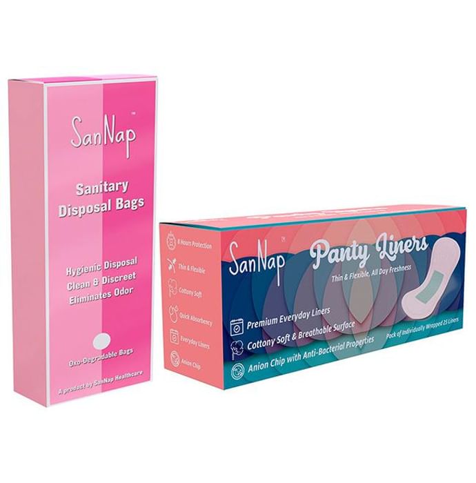 SanNap Combo Pack of 25 Panty Liners & 20 Sanitary Disposal Bags