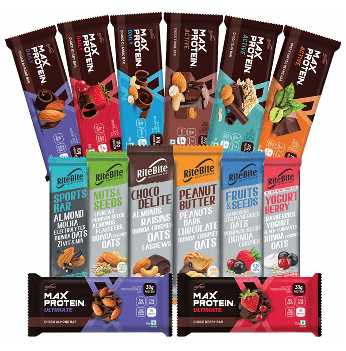 RiteBite Max Protein Active and Daily (3 Bar Each), Ultimate 2 Bar and RiteBite 6 Nutrition Bar
