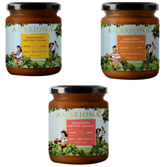Ambriona Combo pack of Hazelnut Butter with Dark Chocolate, Peanut Butter with Dark Chocolate and Almond Butter with Dark Chocolate (200gm Each)