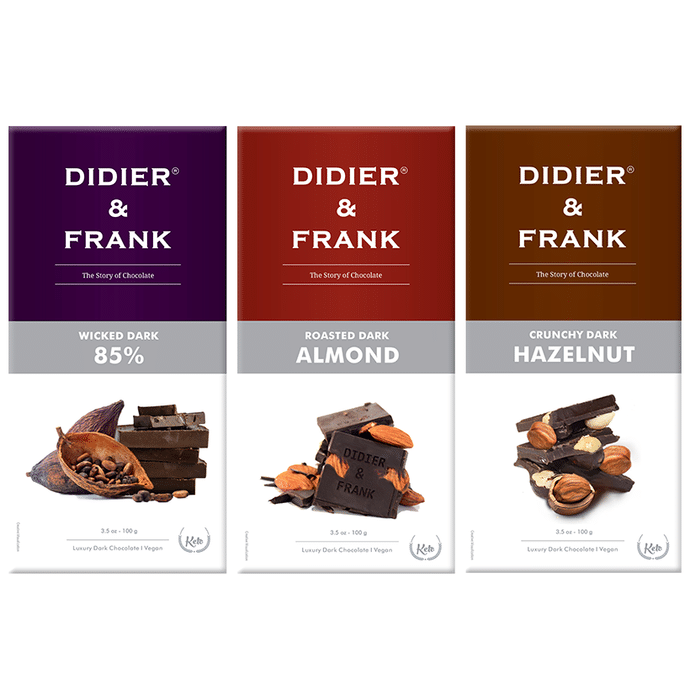 Didier & Frank Wicked Dark 85%, Roasted Dark Almond & Crunchy Dark Hazelnut Chocolate (100gm Each)