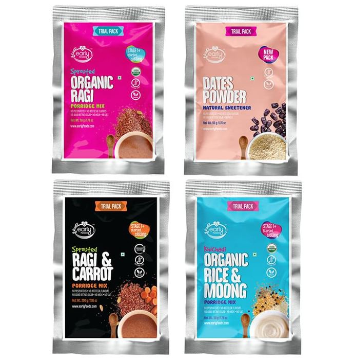 Early Foods Stage 1 Trial Pack Combo of Organic Fresh Porridge Mixes with Dates Powder Artificial Sweetener (50gm Each) Assorted