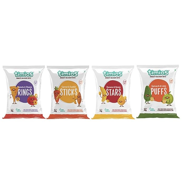 Timios Munchies Combo of 3 Tomato & Cheese Rings, 3 Carrot & Cumin Sticks, 3 Banana & Honey Stars and 3 Spinach & Lime Puffs (30gm Each)