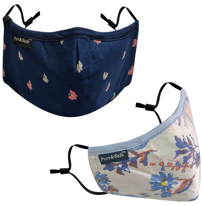 Pure & Safe Blue Butterfly Designer & White Floral Designer Designer N 95 Face Mask - 5 Layered Reusable Anti Pollution Mask with Activated Carbon Filter