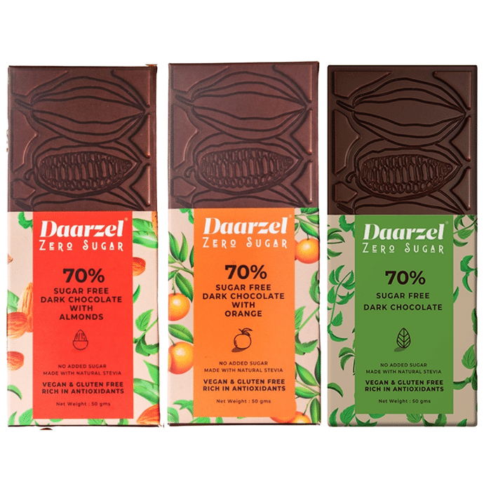 Daarzel Zero Sugar 70% Sugar Free Dark Chocolate (50gm Each) Assorted