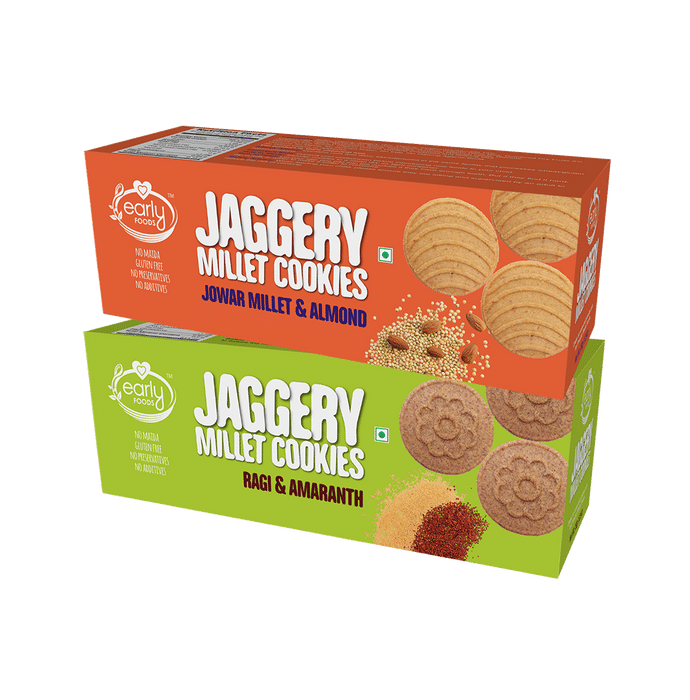Early Foods Combo Pack of Jaggery Millet Cookies Jowar Millet & Almond and Jaggery Millet Cookies Ragi & Amaranth (150gm Each)