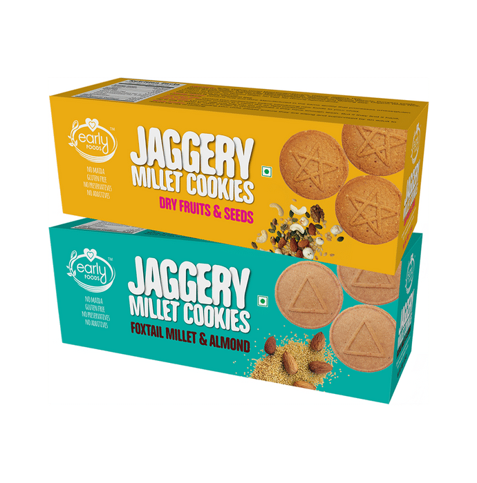 Early Foods Combo Pack of Jaggery Millet Cookies Dry Fruits & Seeds and Jaggery Millet Cookies Foxtail Millet & Almond (150gm Each)