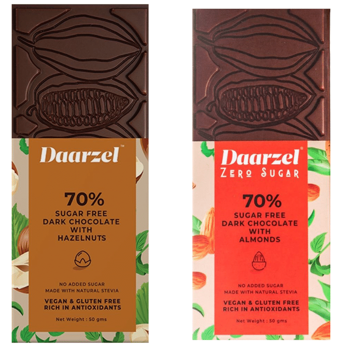 Daarzel Combo Pack of 70% Dark Chocolate with Hazelnuts and 70% Dark Chocolate with Almonds (50gm Each) Sugar Free