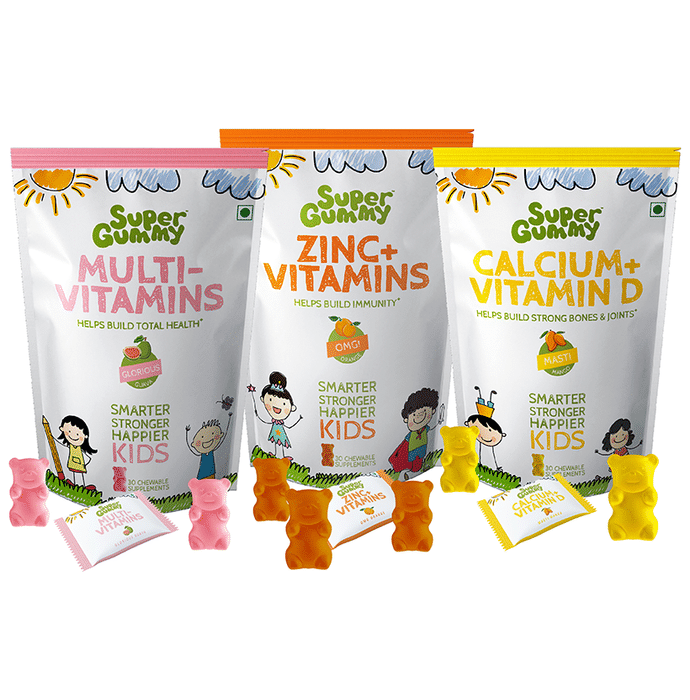 Super Gummy Combo Pack of Multi-Vitamins Gummies Glorious Guava, Zinc+Vitamins Gummies OMG Orange & Calcium+Vitamin D Gummies Masti Mango (30 Each)