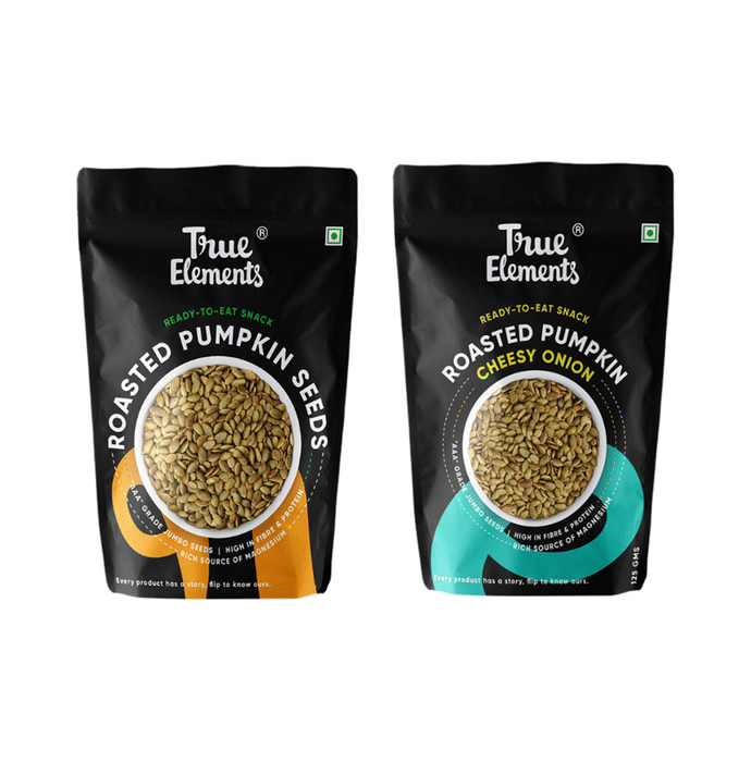 True Elements Combo Pack of Roasted Pumpkin Seeds Cheesy Onion and Roasted Pumpkin Seeds (125gm Each)