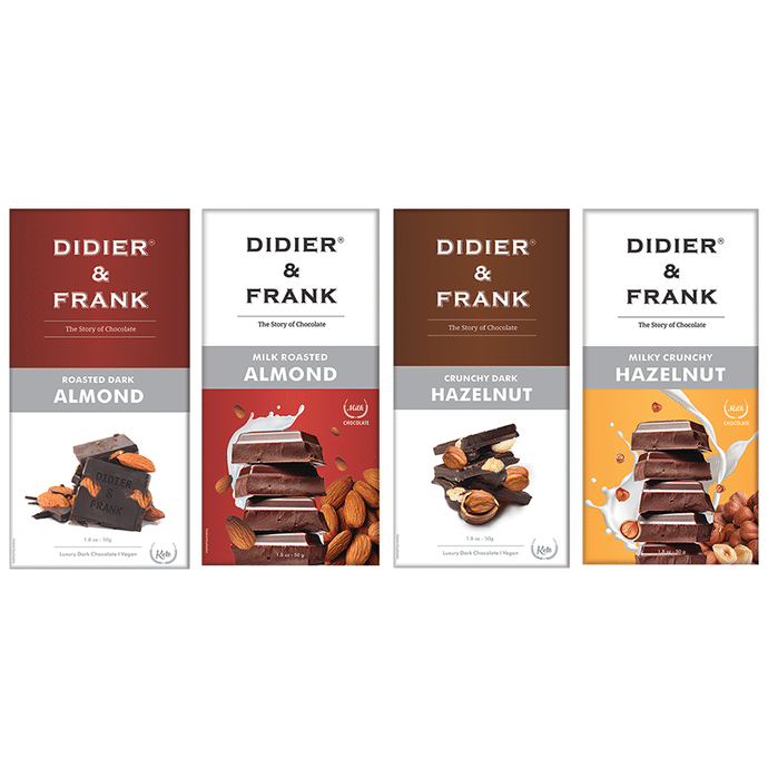Didier & Frank Roasted Dark Almond, Crunchy Dark Hazelnut, Milk Roasted Almond & Milky Crunchy Hazelnut Chocolate (50gm Each)