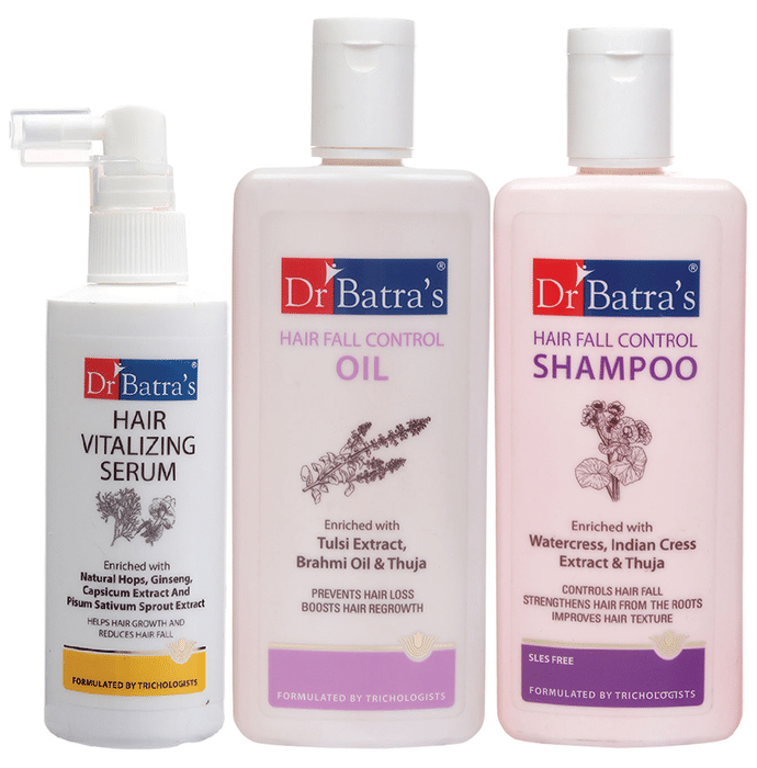 Dr Batra's Combo Pack of Hair Vitalizing Serum 125ml, Hair Fall Control Oil 200ml and Hair Fall Control Shampoo 200ml