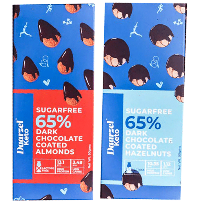 Daarzel Keto Combo Pack of 65% Dark Chocolate Coated Almonds & 65% Dark Chocolate Coated Hazelnuts (50gm Each) Sugar Free
