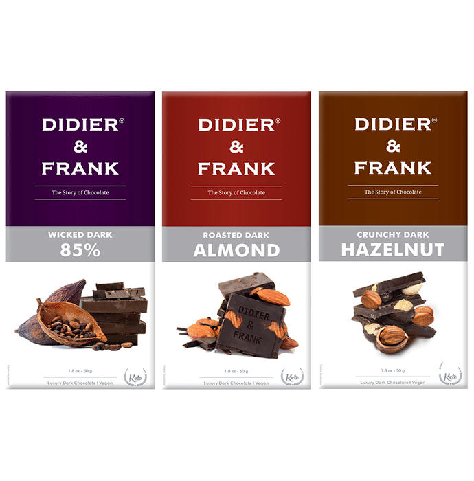 Didier & Frank Chocolate (50gm Each) Wicked Dark 85%, Roasted Dark Almond & Crunchy Dark Hazelnut