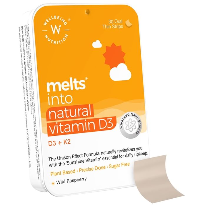 Wellbeing Nutrition Melts into Natural Vitamin D3 + K2 Oral Thin Strip Wild Raspberry Sugar Free