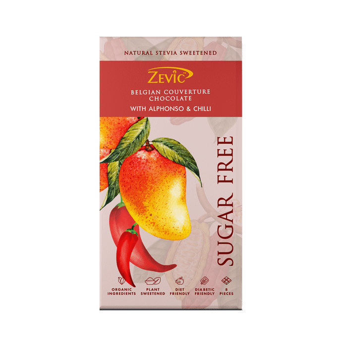 Zevic Sugar Free Belgian Couverture Chocolate with Alphonso & Chilli
