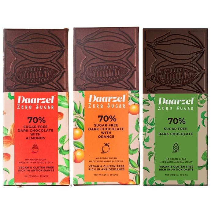 Daarzel Zero Sugar Combo Pack of 70% Sugar Free Dark Chocolate with Almonds, 70% Sugar Free Dark Chocolate with Orange & 70% Sugar Free Dark Chocolate (50gm Each)