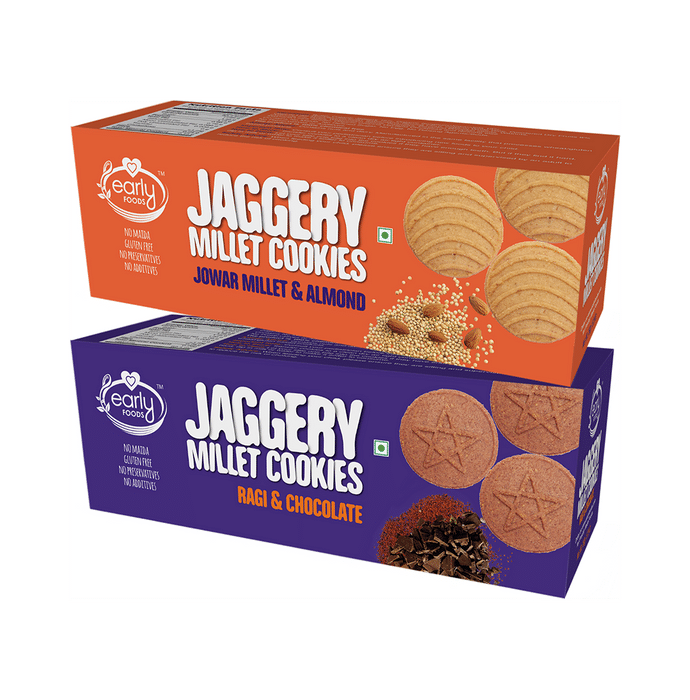 Early Foods Combo Pack of Jaggery Millet Cookies Jowar Millet & Almond and Jaggery MIllet Cookies Ragi & Chocolate (150gm Each)