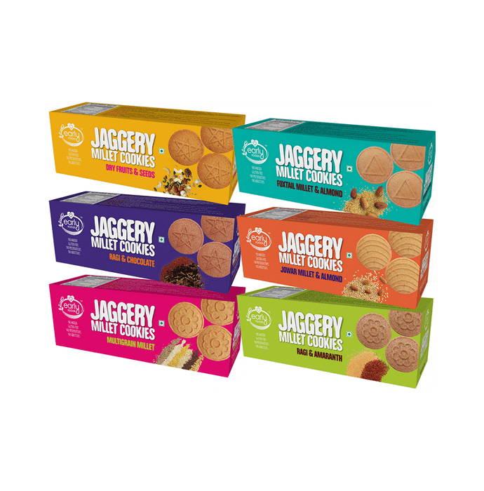 Early Foods Combo Pack of Jaggery Millet Cookies Dry Fruits & Seeds, Jaggery Millet Cookies Foxtail Millet & Almond, Jaggery Millet Cookies Ragi & Chocolate, Jaggery Millet Cookies Jowar Millet & Almond, Jaggery Millet Cookies Multigrain Millet and Jaggery Millet Cookies Ragi & Amaranth (150gm Each)